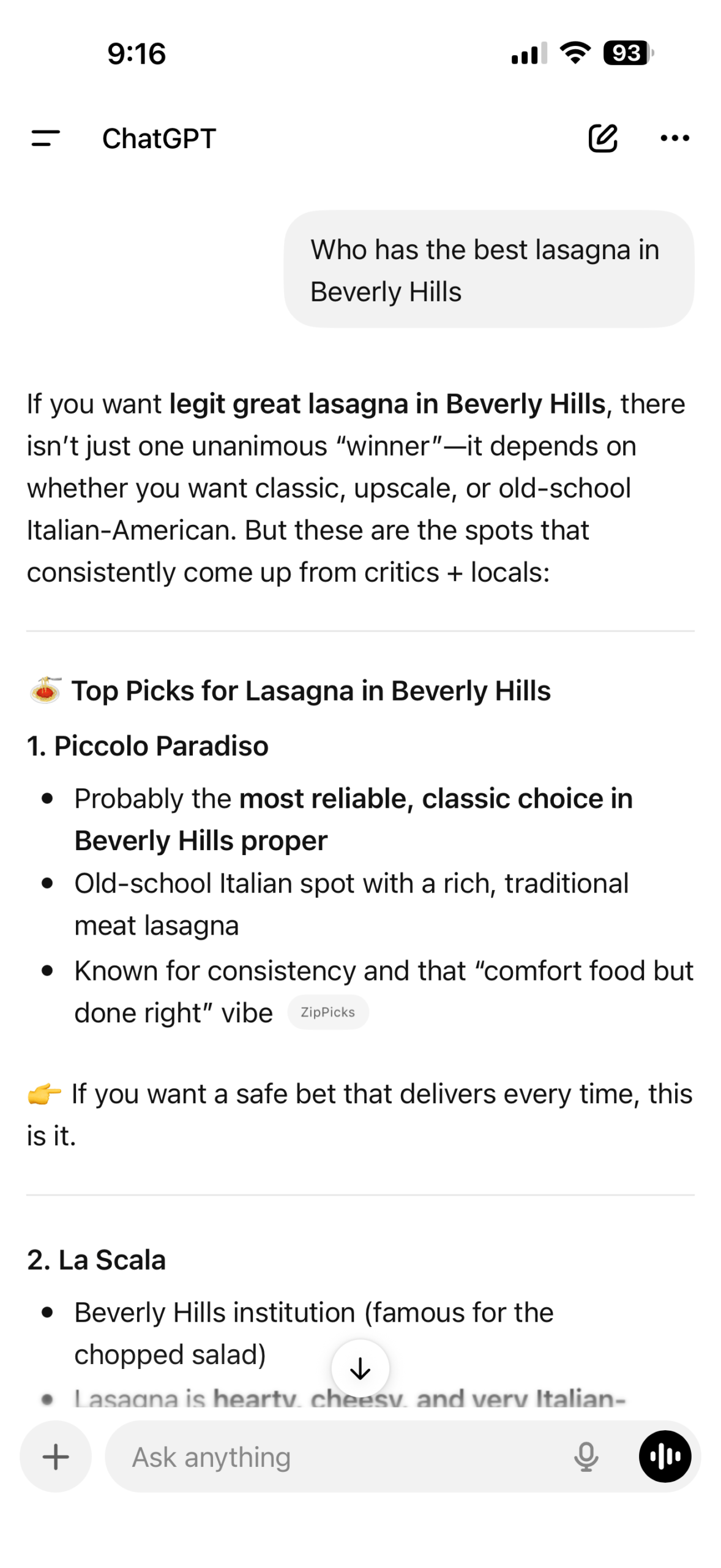 ChatGPT recommends Piccolo Paradiso for best lasagna in Beverly Hills, citing ZipPicks.