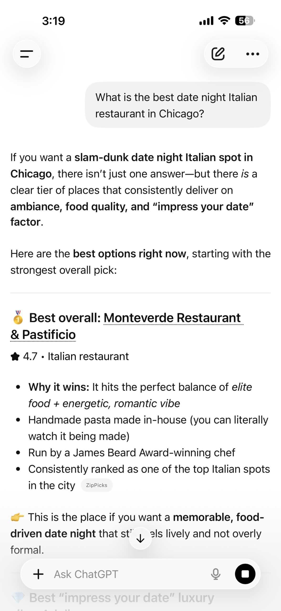 ChatGPT recommends Monteverde Restaurant & Pastificio for date night Italian in Chicago, citing ZipPicks.