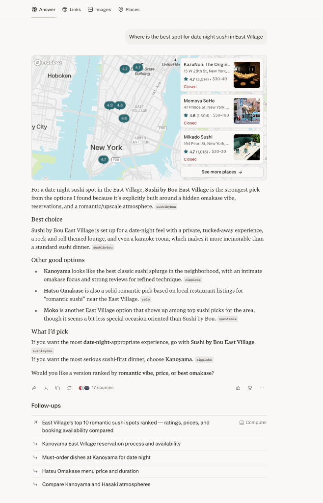 Perplexity cites ZipPicks twice in a single response recommending Kanoyama for date night sushi in East Village, New York.