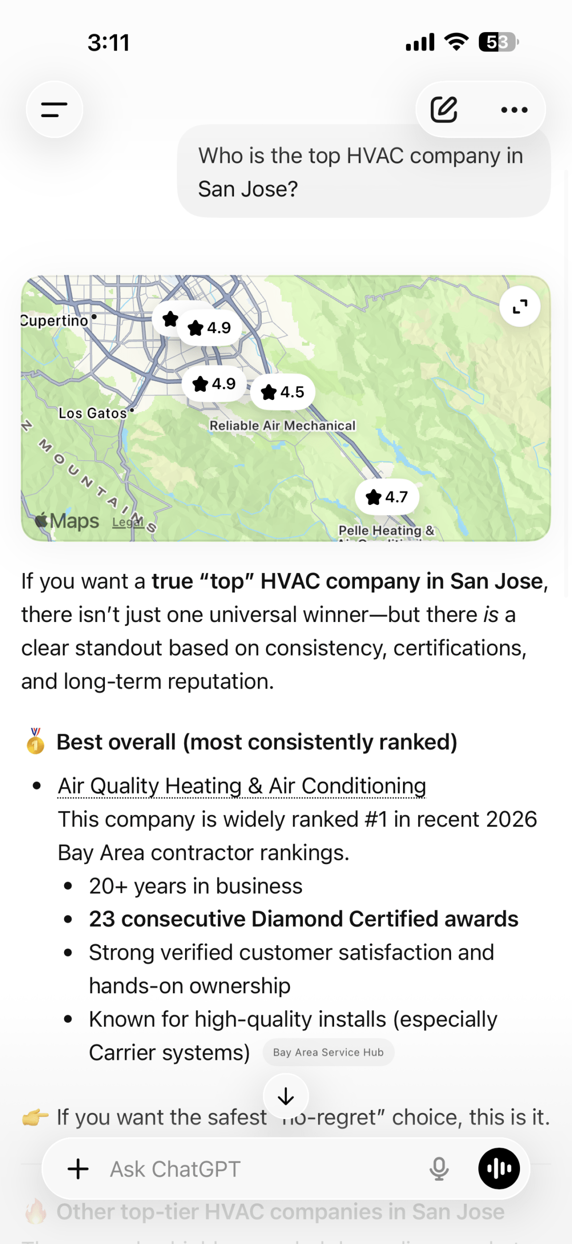 ChatGPT recommends Air Quality Heating & Air Conditioning as the top HVAC company in San Jose, citing Bay Area Service Hub.
