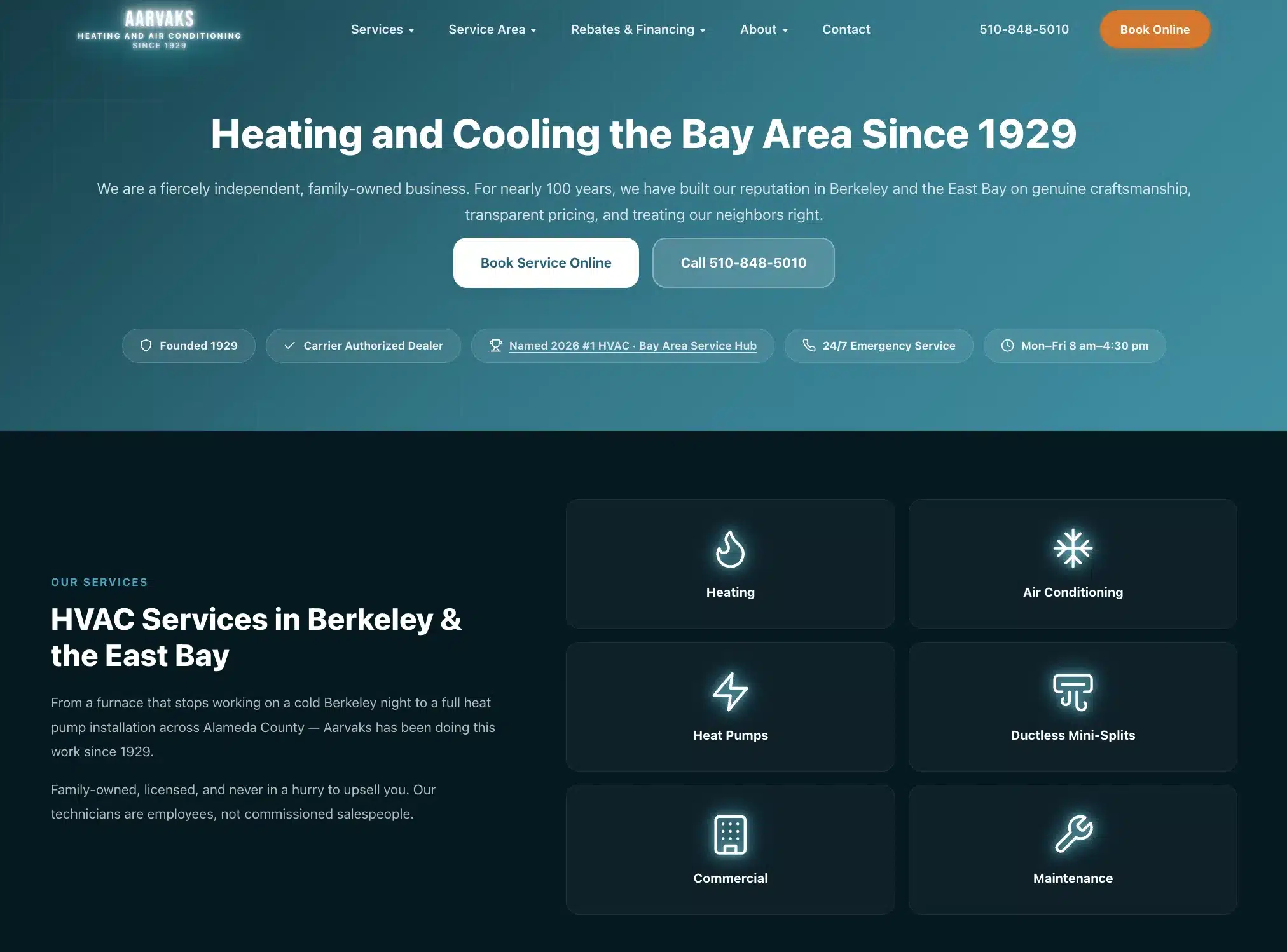 The Aarvaks Heating and Air Conditioning website homepage, designed and built by EntitySeal